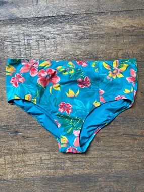 Lands' End Plus Size 18W High Waisted Bikini Swim Bottoms Turquoise Tropical Flo